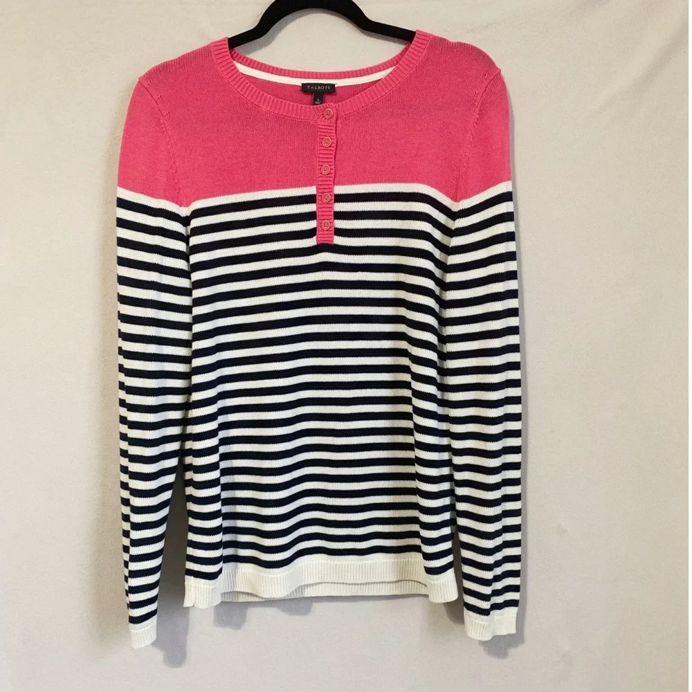 Talbots Pink Black White Stripe Knit Pullover Sweater Large Cotton Rayon